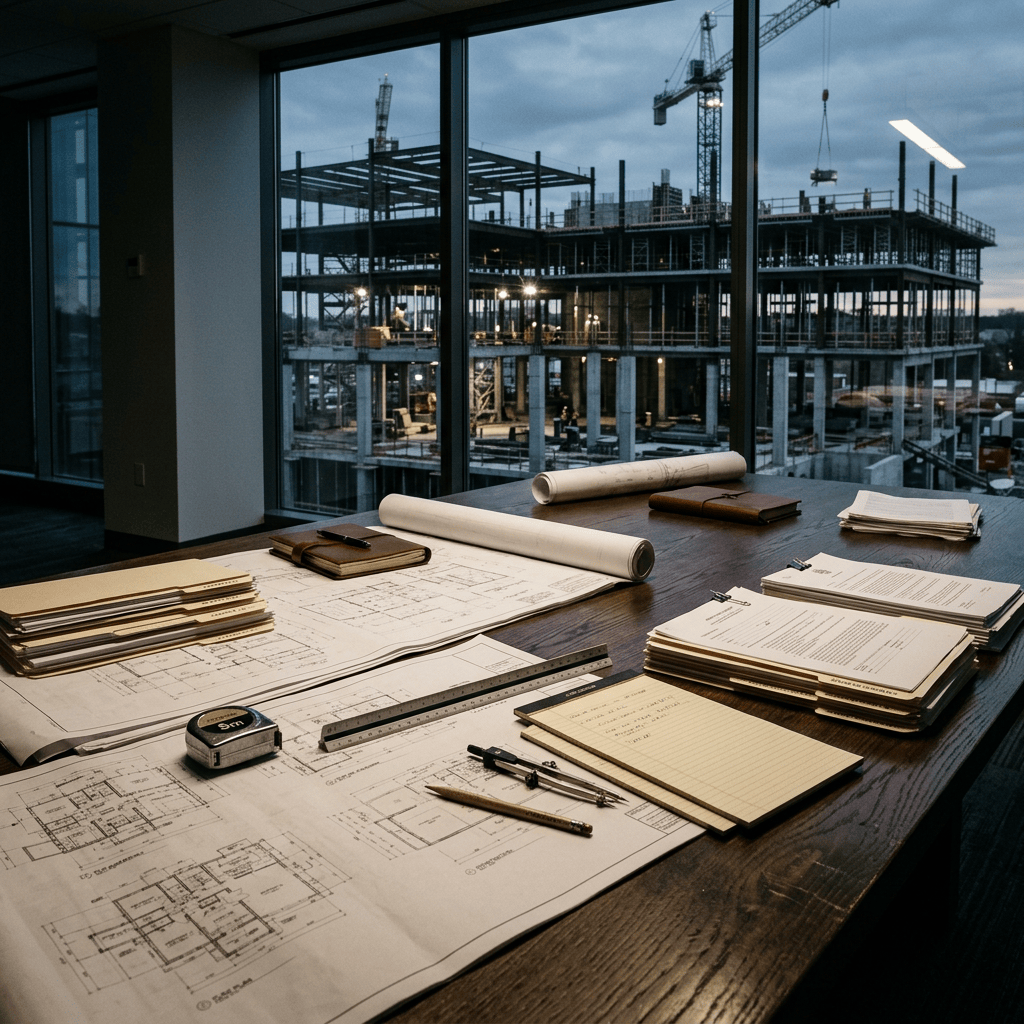 Architectural blueprints and drafting tools on a desk overlooking construction