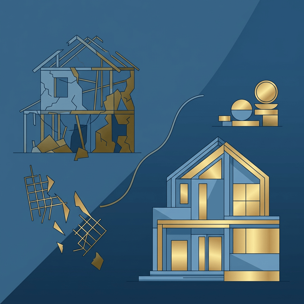 Illustration of a damaged house transforming into a rebuilt modern home