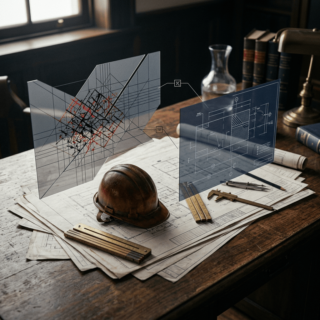 Architectural blueprints with drafting tools, hard hat, and holographic technical designs