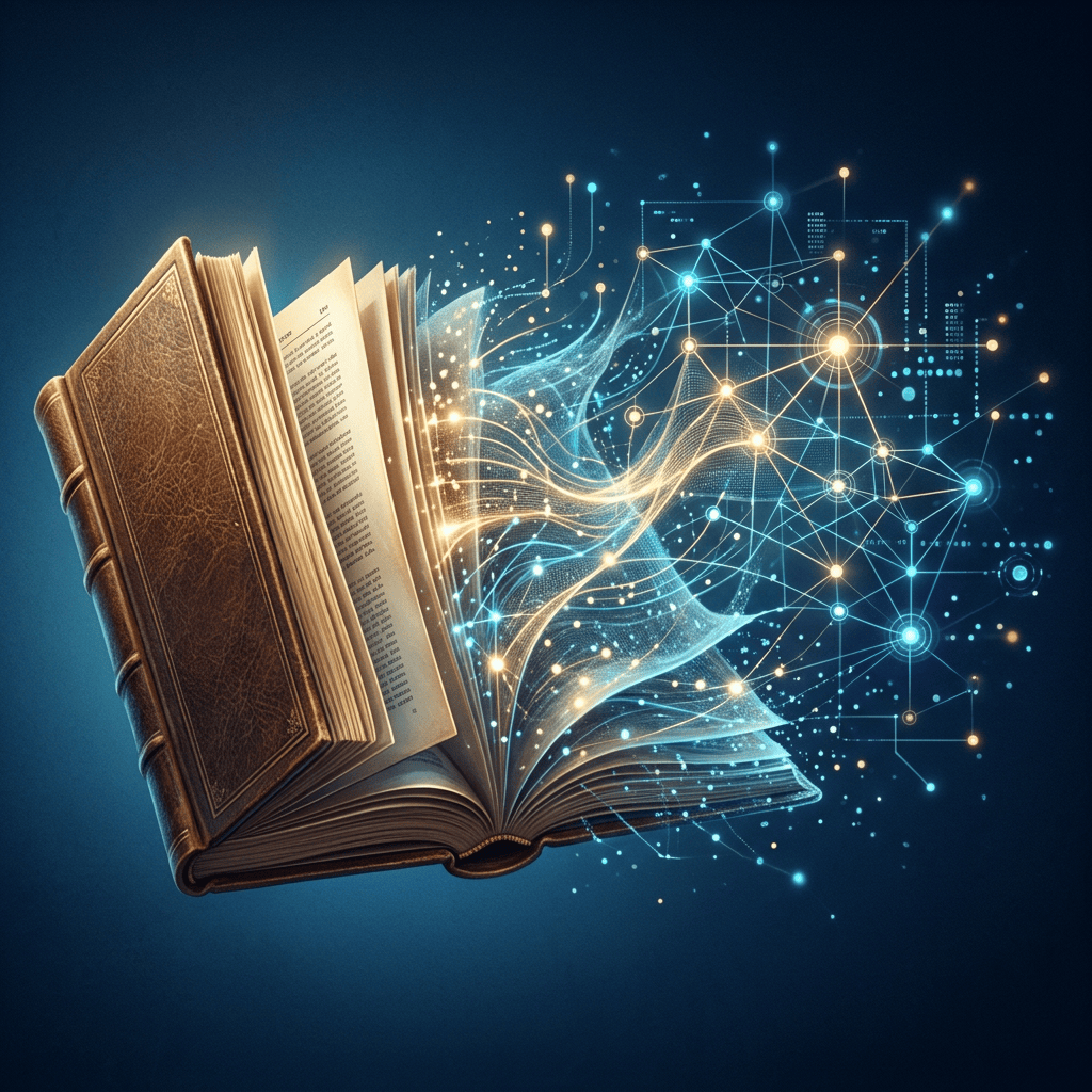 Open book merging into a glowing digital network of connected nodes