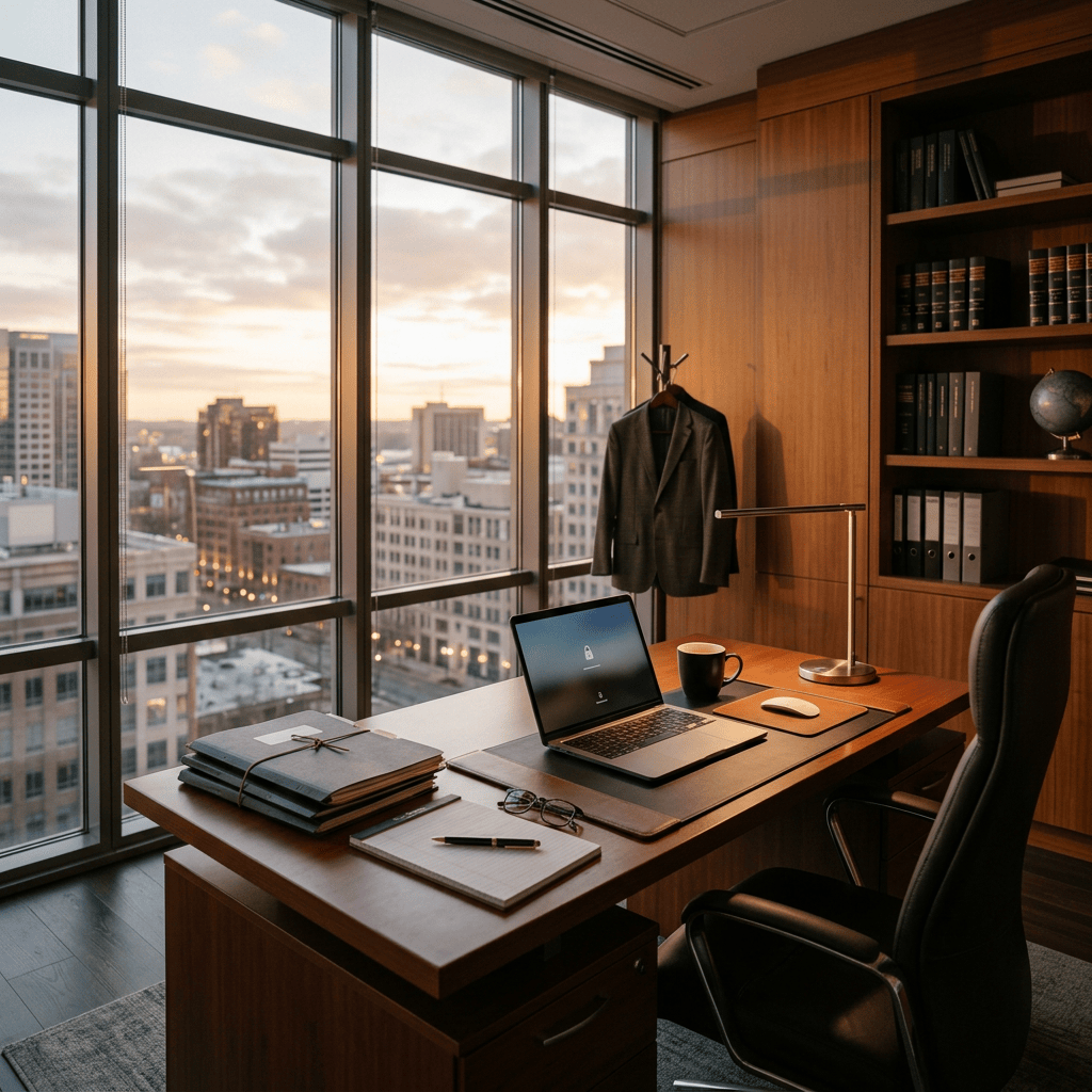 Executive office with laptop, suit, bookshelves, and city sunset view