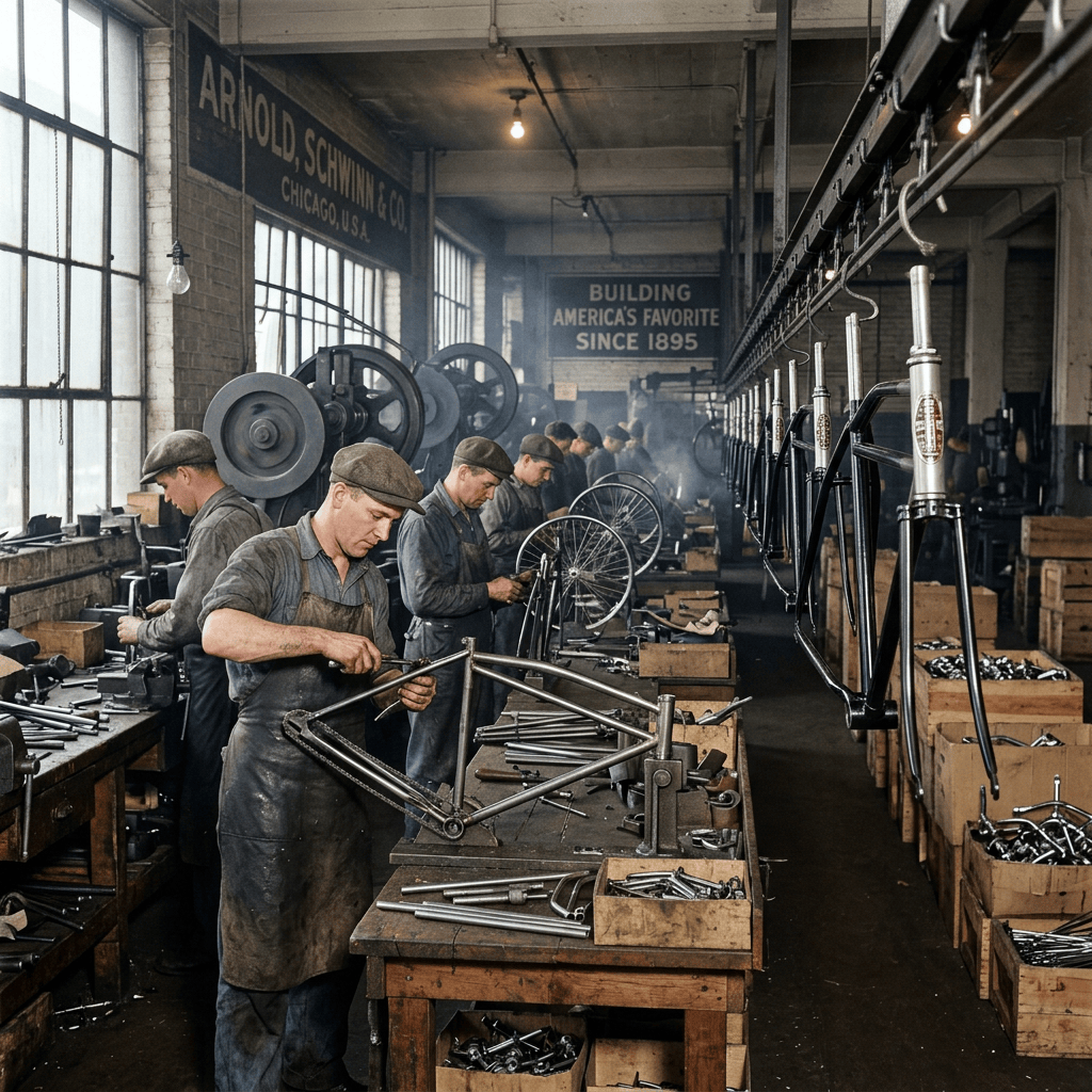 Workers assembling bicycles beneath signs reading “ARNOLD, SCHWINN & CO. CHICAGO, U.S.A.” and “BUILDING AMERICA’S FAVORITE SINCE 1895.”