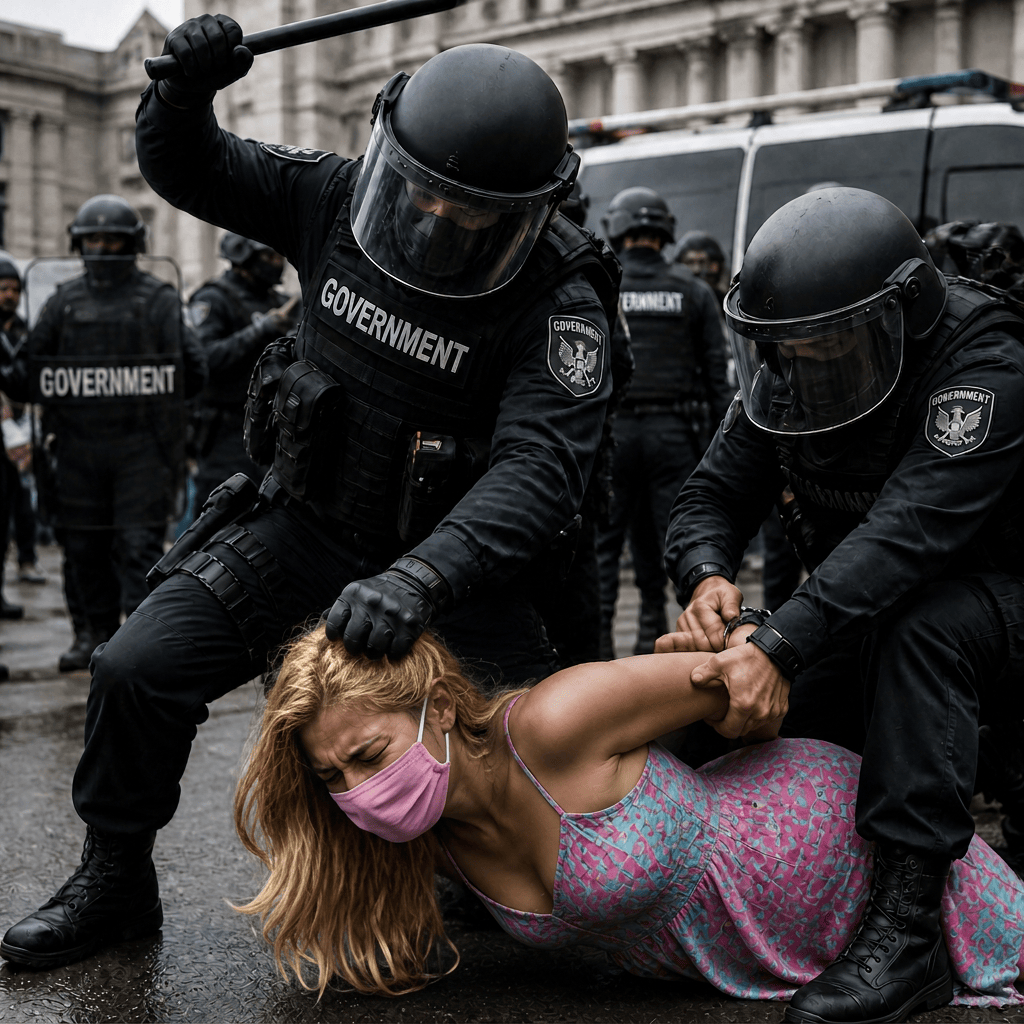 Riot police restrain a masked person while another officer raises a baton.