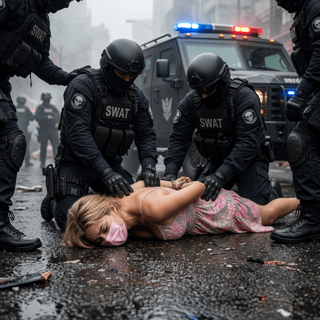 Blonde masked woman restrained on ground by police